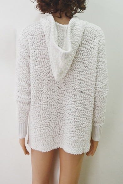 Hot Popular Fashion Plain V-Neck Long Sleeve Loose Fit Fluffy White Hooded Sweater