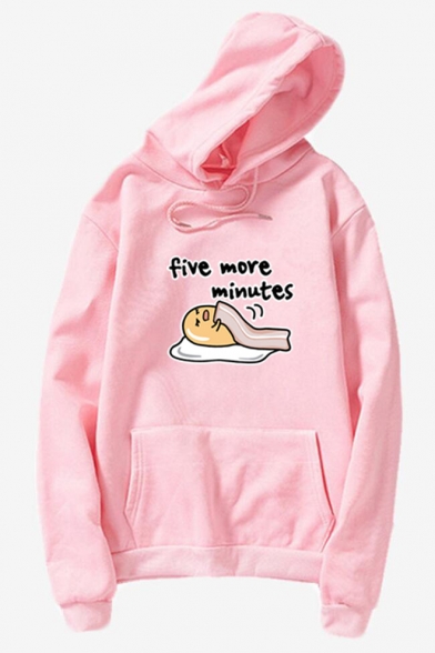 Hot Popular Letter FIVE MORE MINUTES Sleeping Egg Print Relaxed Long Sleeve Drawstring Hoodie