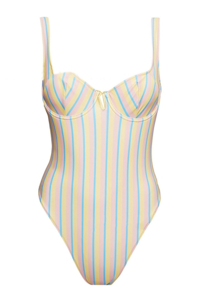 Hot Trendy Pink Striped Printed Wire Padded Cup Slim One-Piece Swimwear