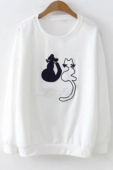 Lovely Cartoon Cat Letter TESTMONY Embroidered Crewneck Long Sleeve Pullover Sweatshirt