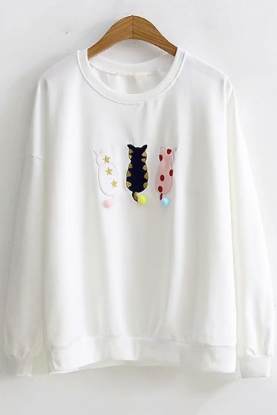 Lovely Long Sleeve Cat Embroidered Pom Pom Embellished Crewneck Pullover Sweatshirt