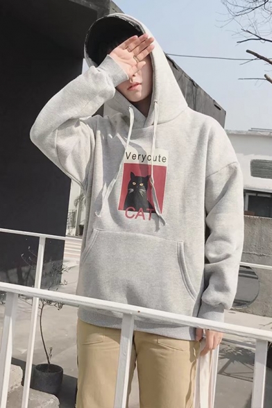 Men's Fashion Letter VERY CUTE CAT Printed Long Sleeve Regular Fitted Drawstring Hoodie