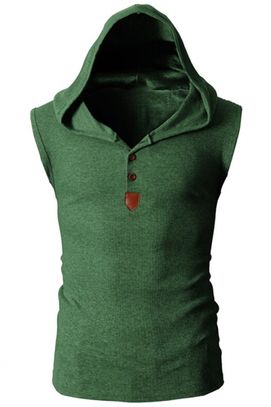 Men's Simple Plain Sleeveless Hooded Button-Embellished Fitted Sport Vest Tank