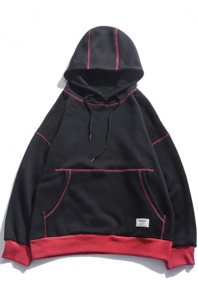Men's Unique Contrast Piping Warm Thick Long Sleeve Regular Fitted Black Drawstring Hoodie