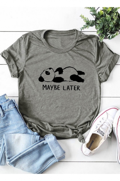 Popular Letter MAYBE LATER Cartoon Panda Print Loose Fit Round Neck Cotton Tee