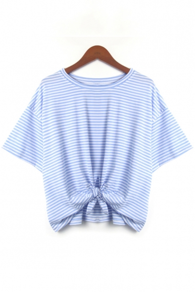 Round Neck Short Sleeve Fashion Pinstriped Print Knotted Hem Loose Leisure T-Shirt