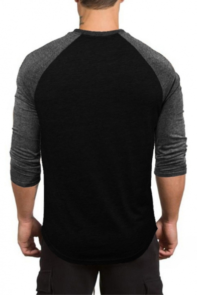 Round Neck Three-Quarter Raglan Sleeve Fashion Colorblock Fitted Cotton Fitness T-Shirt