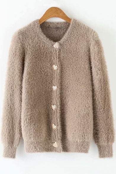 Single Breasted Long Sleeve Plain Fleece Warm Khaki Cardigan