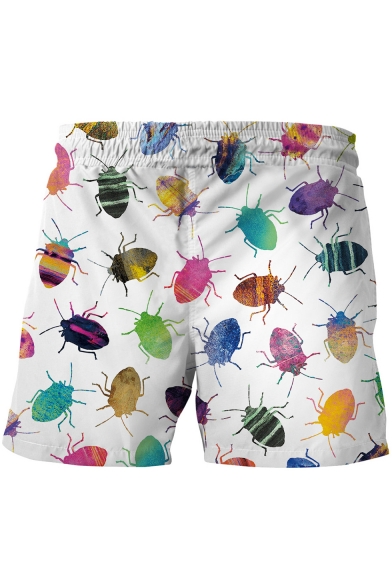 Stylish 3D Insect Printed Drawstring Waist Summer White Casual Swim Trunks for Men