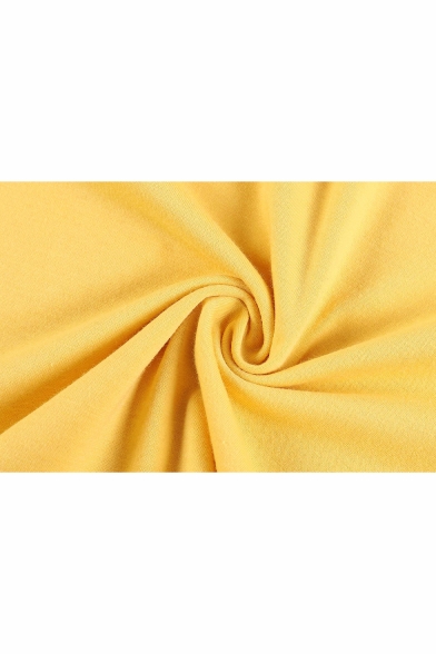 Stylish Planet Printed Striped Rib Cuff Round Neck Short Sleeve Yellow Tee