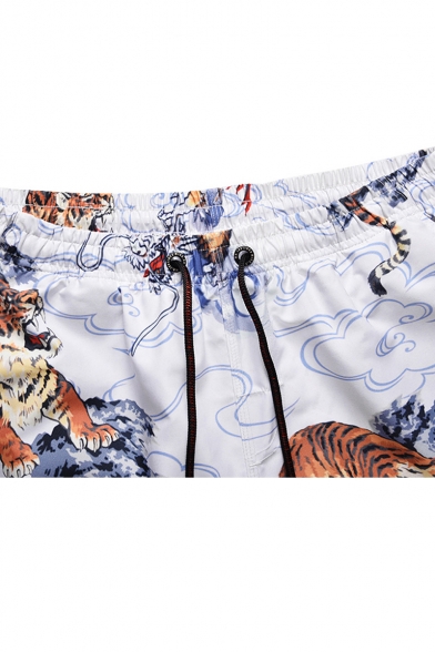 Summer Stylish Tiger Printed Drawstring Waist Quick Dry Beach Surf White Swim Trunks for Men