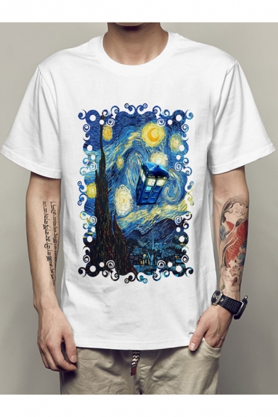 Trendy Van Gogh Galaxy Oil Painting Print White Short Sleeve T-Shirt