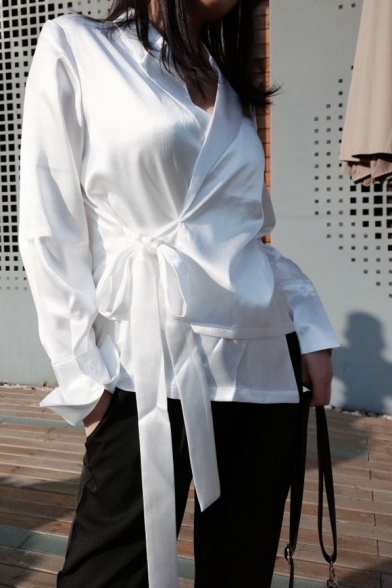 Unique Stylish Wrap Front Bow-Tied Side Simple Plain White Satin Deconstructed Blouse
