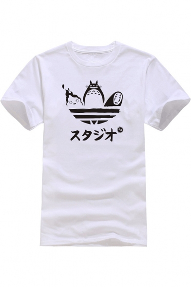 White Cartoon Totoro Japanese Character Print Short Sleeve Relaxed T-Shirt