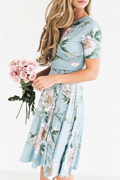 Women's Fashion Floral Printed Surplice V-Neck Short Sleeve Tied Waist Midi A-Line Dress