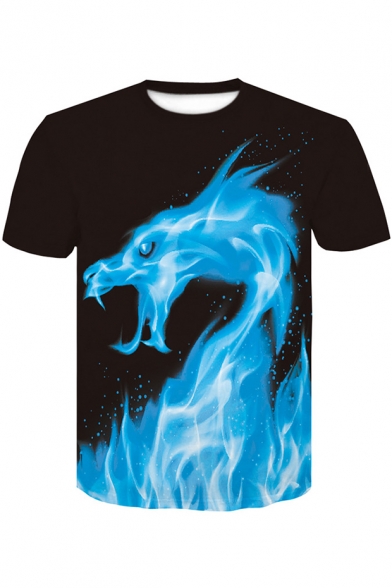 3D Fire Dragon Pattern Basic Short Sleeve Casual Black T-Shirt for Men