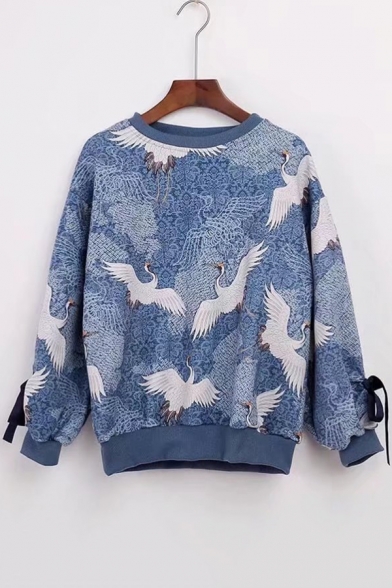 All Over Crane Printed Round Neck Long Sleeve Bow Embellished Leisure Pullover Blue Sweatshirt