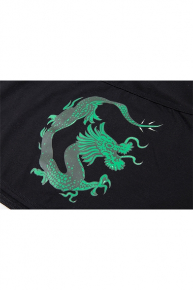 Basic Square Neck Short Sleeve Fashion Dragon Printed Cropped Slim Black T-Shirt