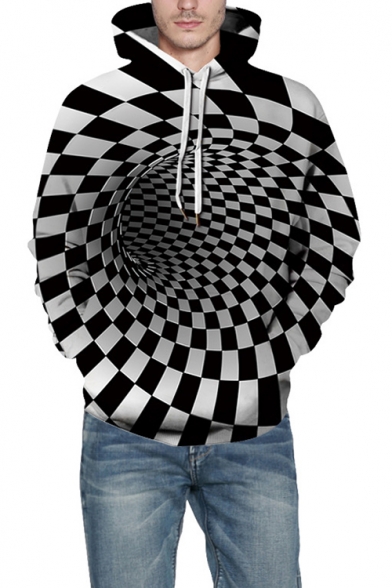 Cool 3D Checkboard Whirlpool Printed Long Sleeve Black and White Hoodie