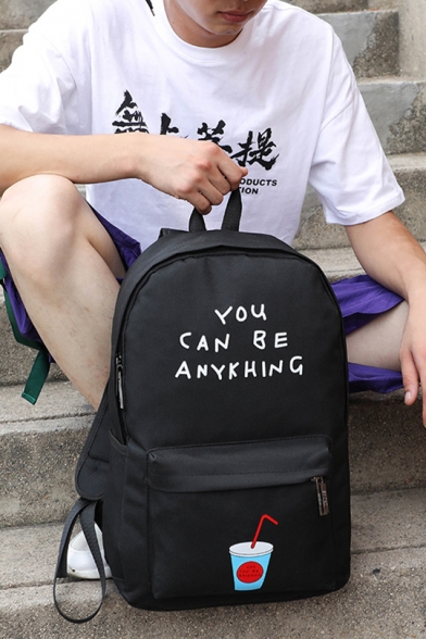 Cool Letter YOU CAN BE ANYKHING Drink Cup Printed Black School Bag Backpack for Juniors