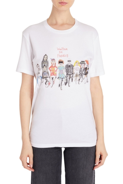 Craft Graffiti Cartoon Character Letter WINTOUR DE FRANCE Printed Short Sleeve Round Neck White Tee