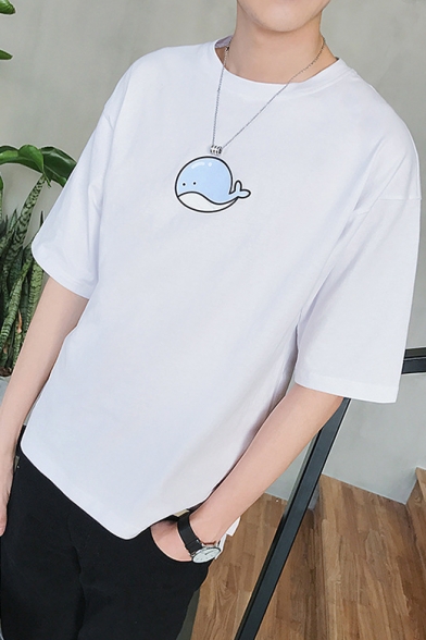 Cute Cartoon Whale Printed Summer Loose Casual T-Shirt for Guys