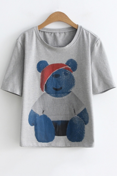 Cute Teddy Bear Printed Short Sleeve Casual T-Shirt for Juniors