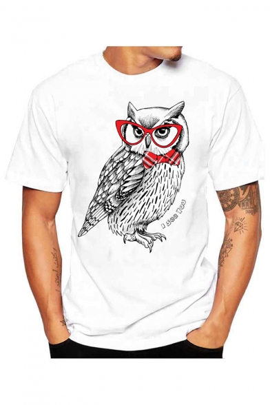 Digital 3D Owl Printed Short Sleeve Round Neck Slim White Top for Guys