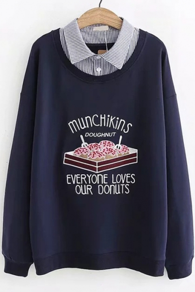 

Fashion Letter Cake Printed Striped Patched Lapel Collar Long Sleeve Casual Loose Sweatshirt, LC501423, White;gray;navy