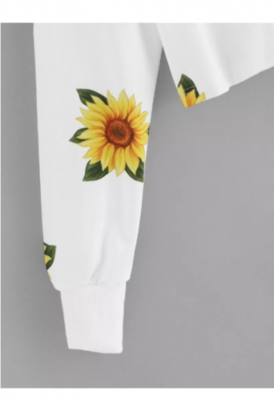 Fashion Sunflower Pattern Long Sleeve White Cropped Hoodie