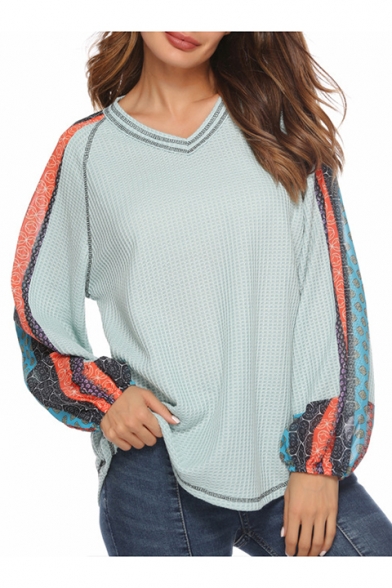 Fashion Tribal Printed Puff Sleeve V-Neck Casual Loose Knit T-Shirt