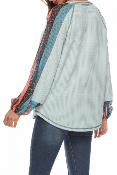 Fashion Tribal Printed Puff Sleeve V-Neck Casual Loose Knit T-Shirt