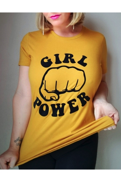 Fist Letter GIRL POWER Printed Short Sleeve Round Neck Yellow Slim Top