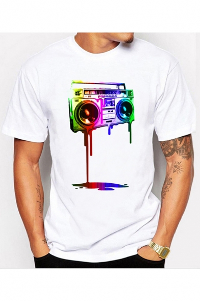 Funny 3D Colorful Melting Radio Printed Crewneck Short Sleeve White T-Shirt