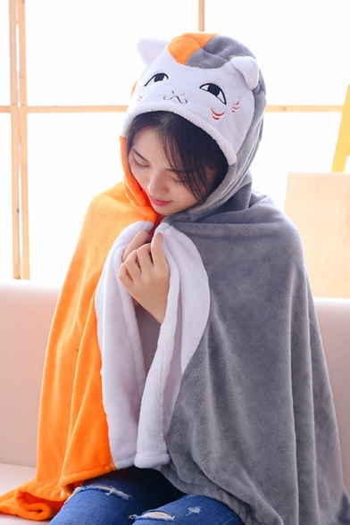 Funny Colorblock Cat Printed Plush Air Conditioning Blanket Gray Hooded Cape Coat