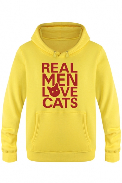 Funny Letter REAL MEN LOVE CATS Cartoon Cat Printed Long Sleeve Fitted Hoodie