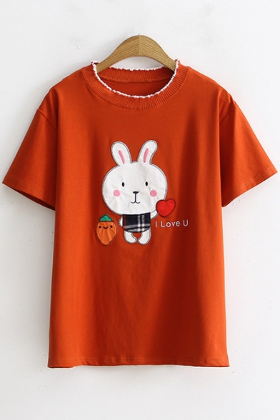 Girls Lovely Cartoon Rabbit Letter I LOVE U Print Basic Short Sleeve Cotton T-Shirt