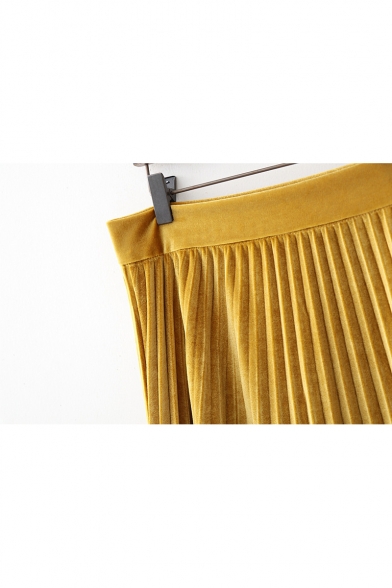 High Elastic Waist Velvet Midi Pleated Skirt