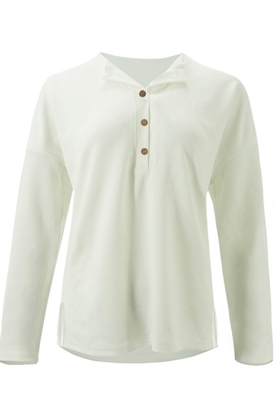 Lapel Collar Button Front Long Sleeve Split Side Plain Casual T-Shirt