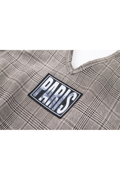 Letter PARIS Plaid Print Cut-Out High Neck Lace-Up Flared Sleeve Cropped Khaki T-Shirt