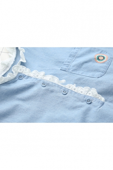 Light Blue Round Neck Lace Patch Long Sleeve Button Embellished Denim Shirt with Chest Pocket