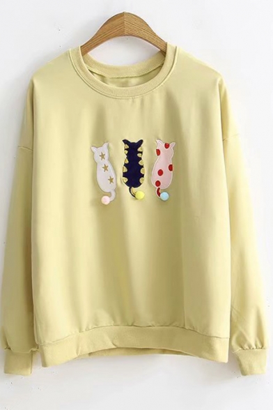 Lovely Long Sleeve Cat Embroidered Pom Pom Embellished Crewneck Pullover Sweatshirt