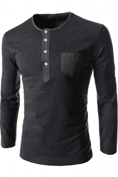 Men's Basic Round Neck Long Sleeve Single Pocket Patched Chest Plain Henley Shirt