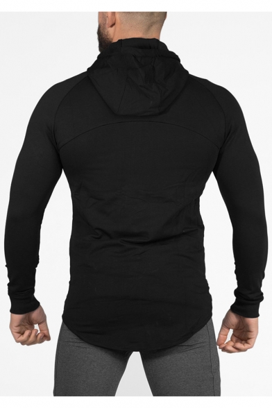 Men's Fashion Logo Print Chest Long Sleeve Bodybuilding Breathable Slim Fitted Black Zip Hoodie