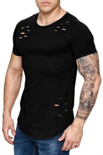 Men's Fashion Ripped Basic Plain Short Sleeve Round Hem Fitted T-Shirt