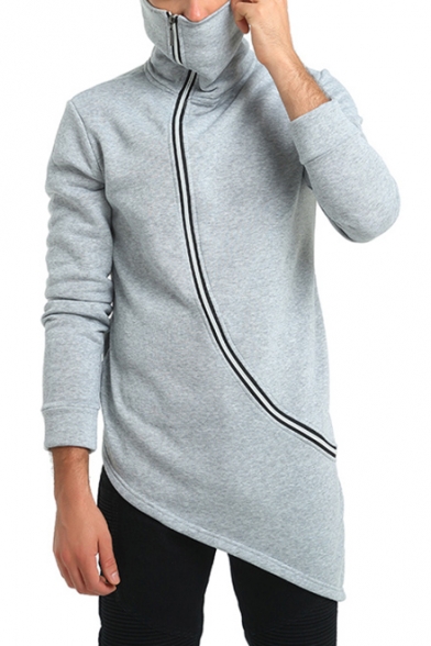 Men's Unique Sloping Zip Up Stand Collar Long Sleeve Plain Asymmetrical Hem Longline Slim Fit Sweatshirt