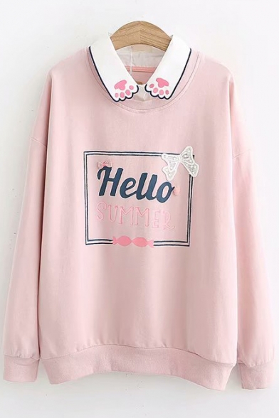 New Arrival Long Sleeve Cat Claw Embroidered Letter HELLO SUMMER Printed Lapel Collar Sweatshirt