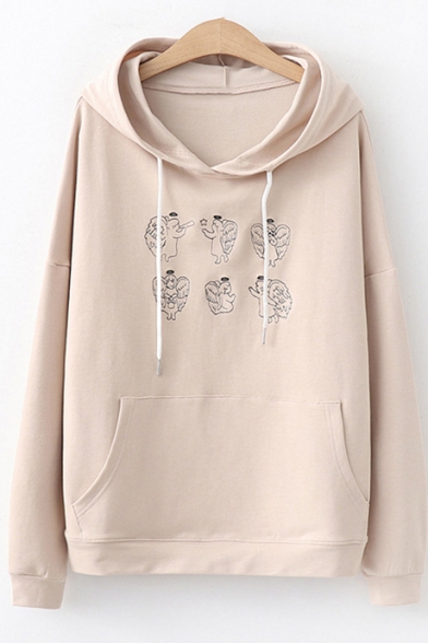 New Stylish Cartoon Angel Embroidered Long Sleeve Loose Fit Cotton Hoodie
