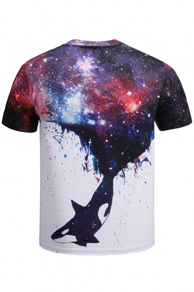 New Trendy 3D Purple Galaxy Printed Basic Crewneck Short Sleeve T-Shirt