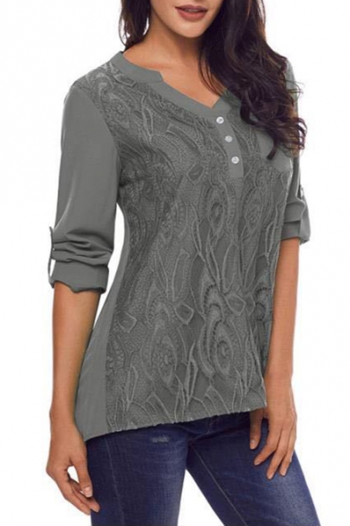 New Trendy V-Neck Button-Embellished Lace Panelled Long Sleeve Pearl Twist Back Blouse